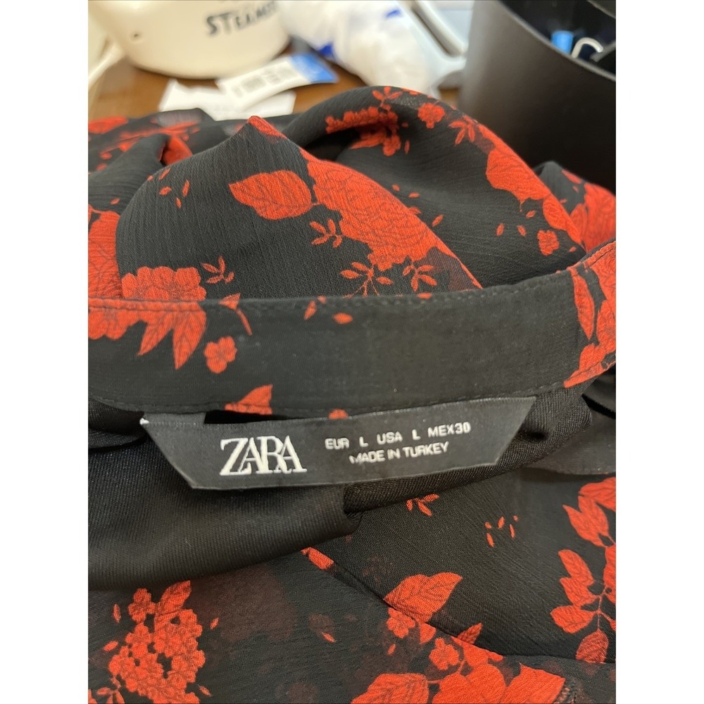 Zara Floral Mini Dress Womens L Black Red Rose Ruffle V-Neck Long Sleeve Good - Picture 3 of 11